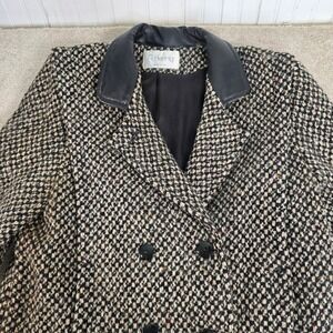 Vintage R Hennig Pure Wool Tweed Coat Black Leather Collar Double Breasted Sz 12